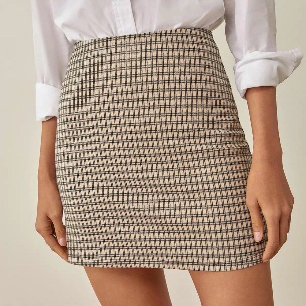 Reformation Beige and Black Checkered Mini Skirt